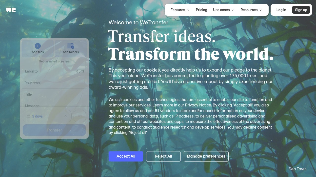 WeTransfer homepage screenshot